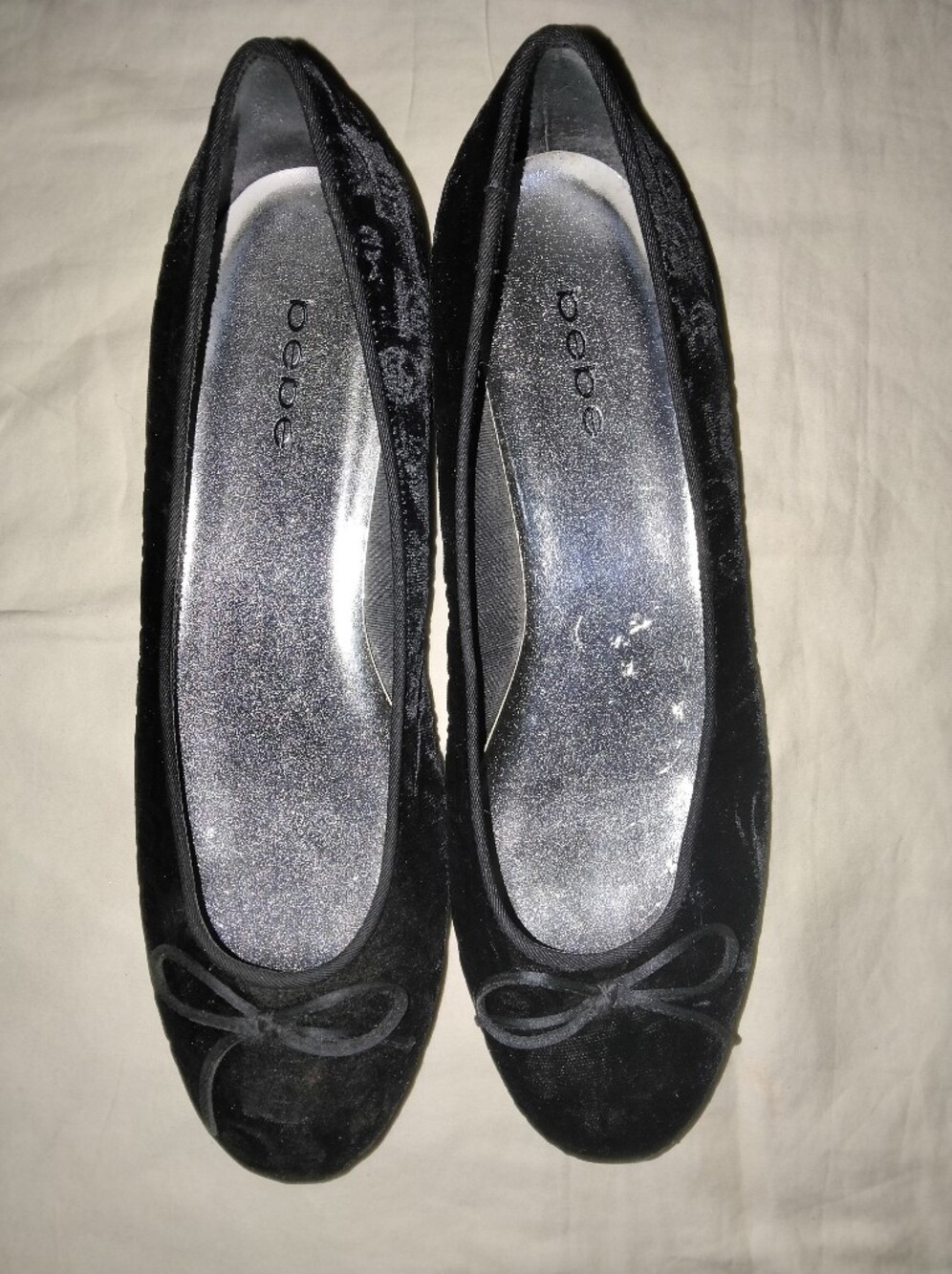 bebe Black Velvet Ballet Flats with Bow Accent